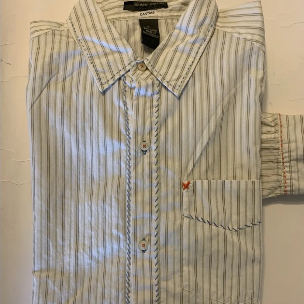 Johnny Cotton Men Dress Shirt Long Sleeve Stripe Embroidered Coachella XL